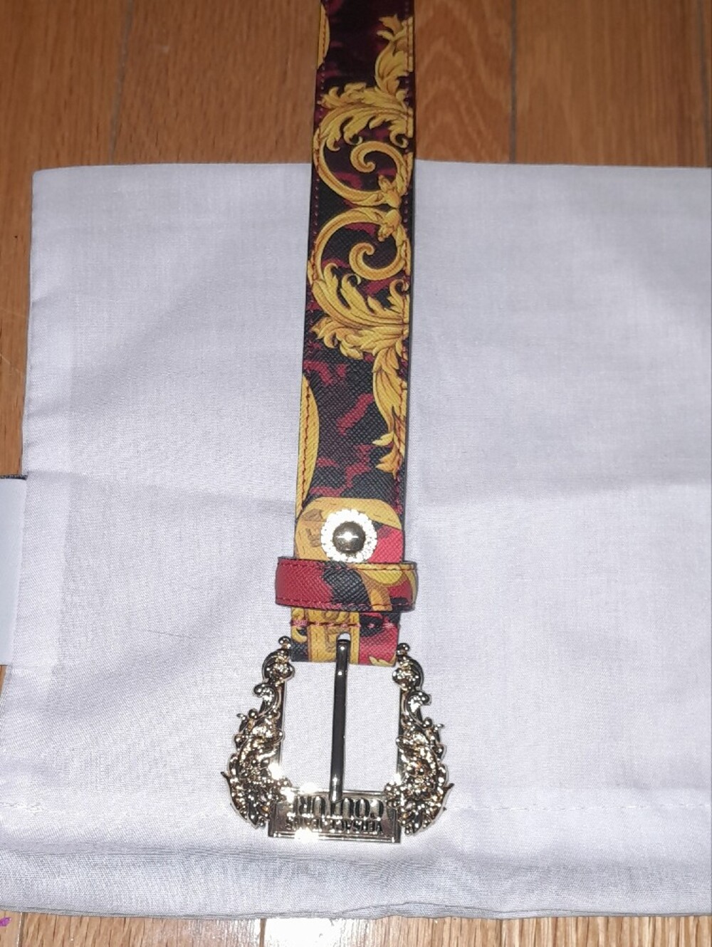 Versace Jeans Collection Black, Red & Gold Baroque Buckle Belt